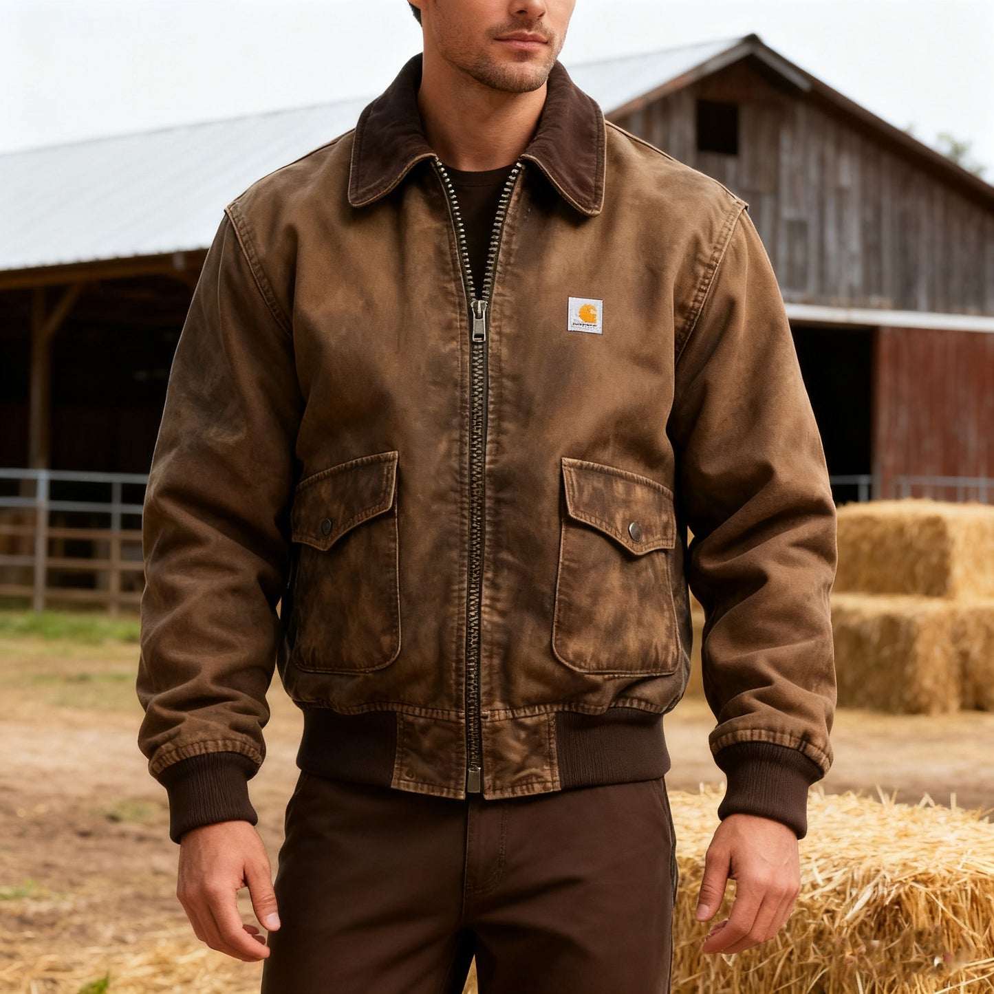 Vintage washed workwear lapel zipper cardigan jacket