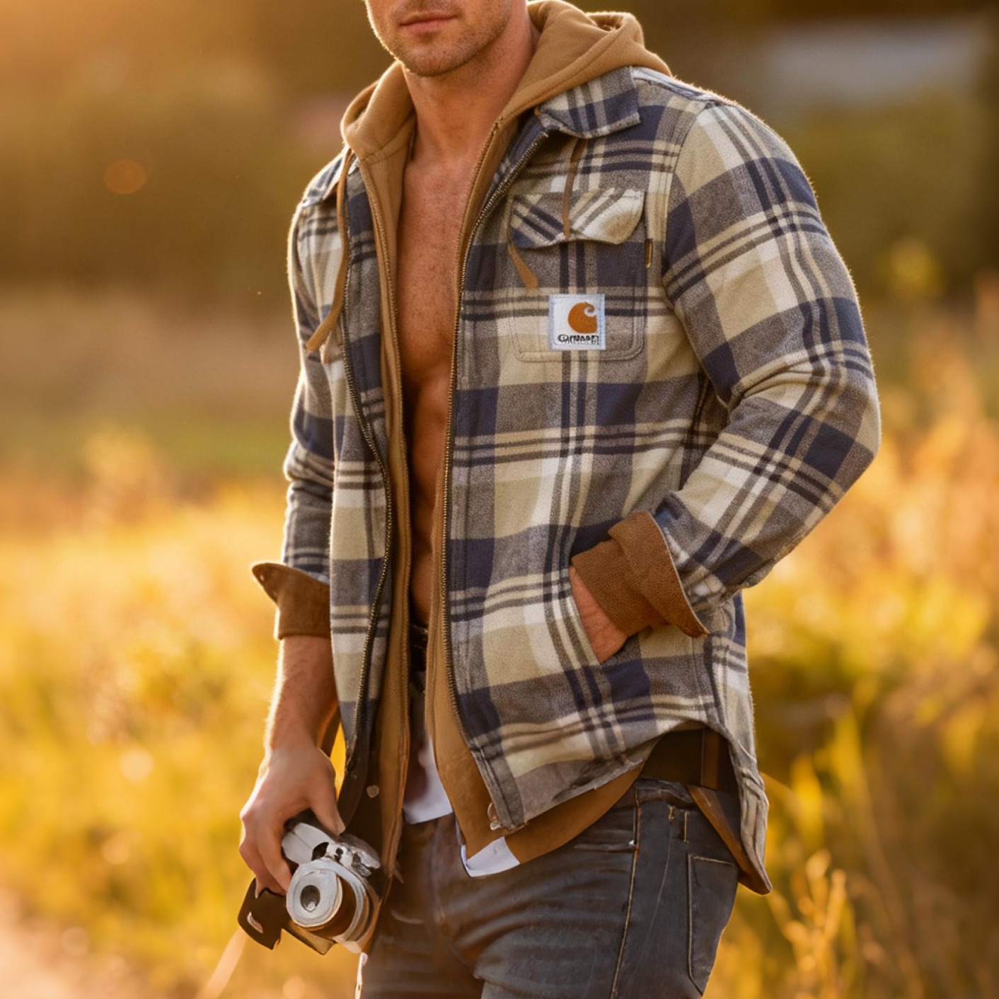 Men's outdoor casual autumn and winter logo classic plaid hooded jacket