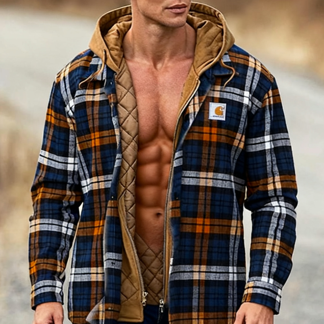 Men's outdoor casual autumn and winter logo classic plaid hooded jacket