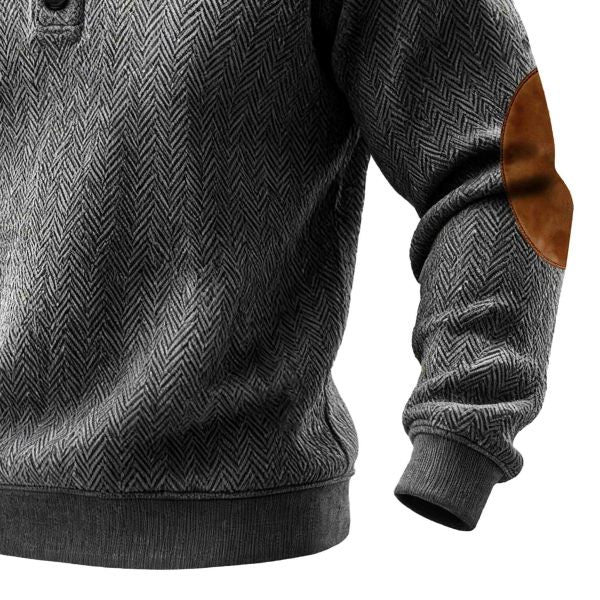 Men's Vintage Dark Gray Herringbone Suede Elbow Patches Button-Down Stand Collar Sweatshirt