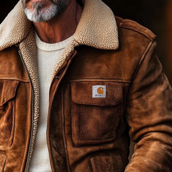 Men's Vintage Suede Patchwork Lamb Fleece Multi-Pocket Reverse Collar Outdoor Jacket