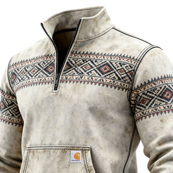 Vintage-Inspired Quarter-Zip Pullover with Ethnic Patterns for Outdoor Adventures