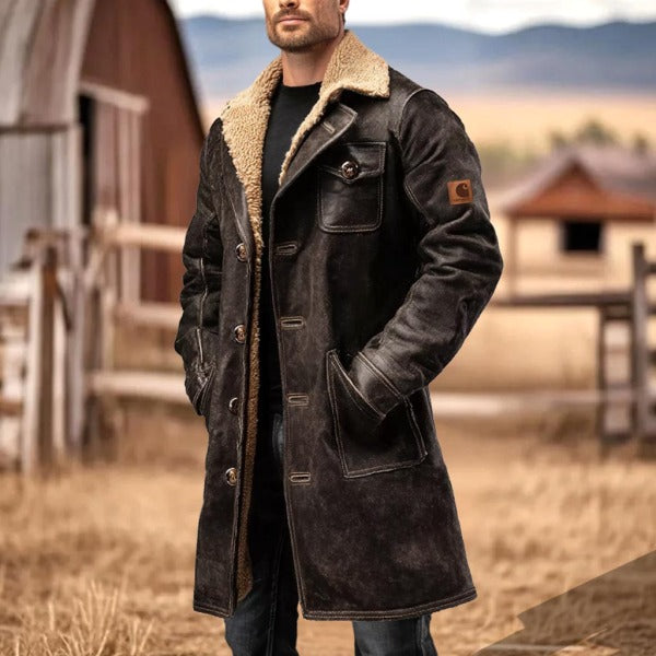 Men's Vintage Dark Brown Suede Leather Faux Fur Jacket Shearling Coat