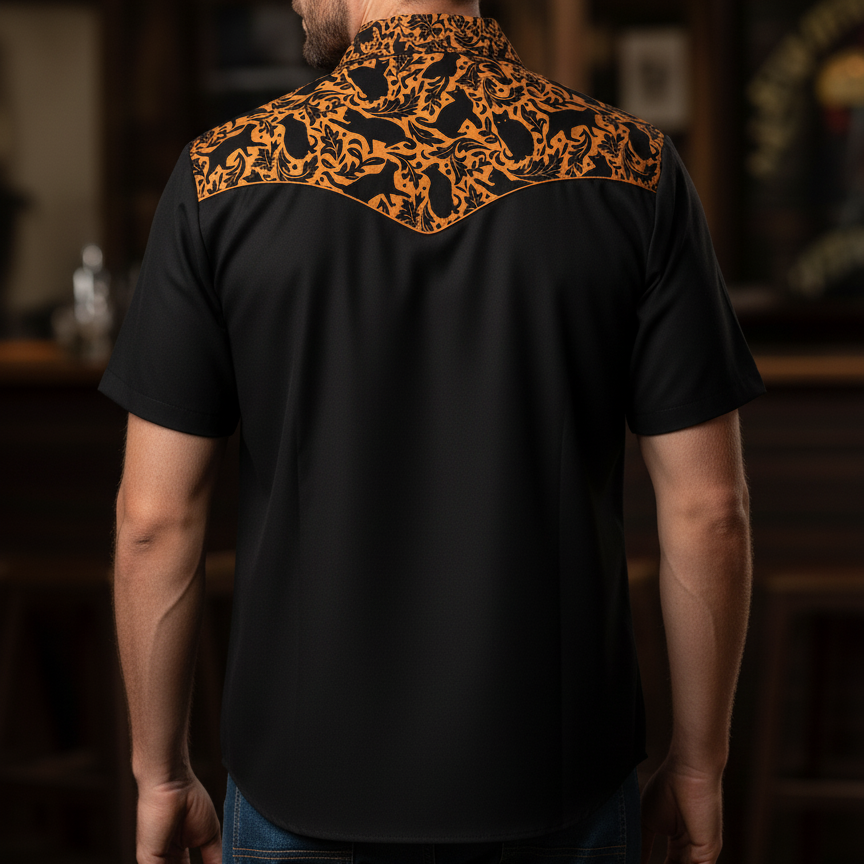 Black Short - Sleeve Shirt with Orange Patterned Yoke