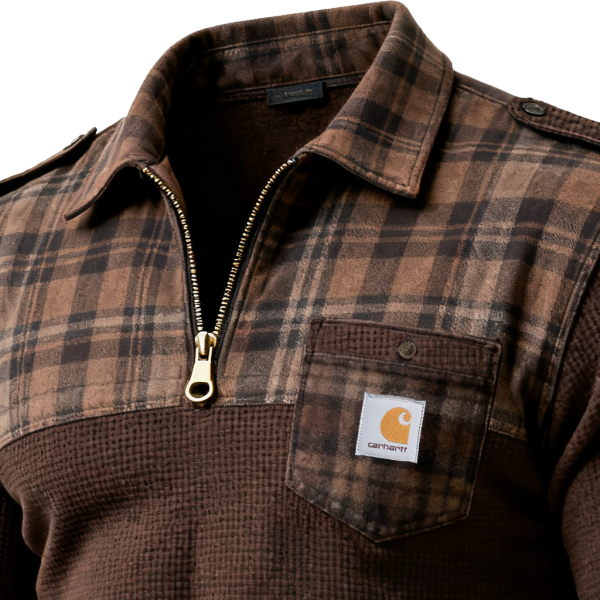 Men's Vintage Plaid and Solid Wallfe Brown Work Shirt Half-zip Collar Sweatshirt