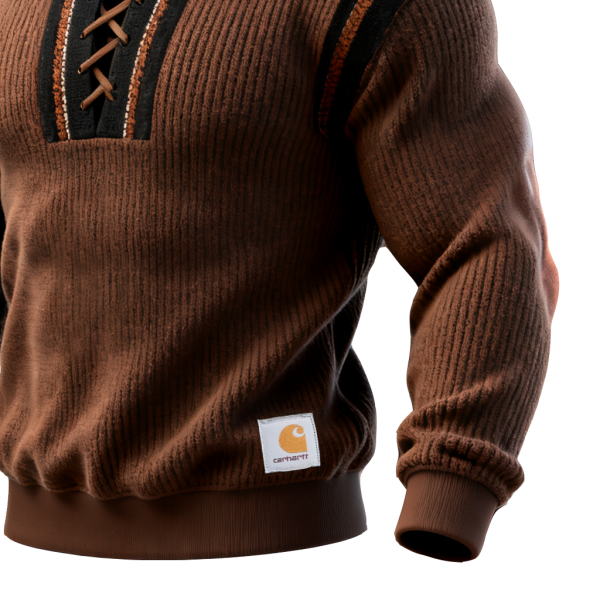 Men's Corduroy Colorblock Lace-Up Sweatshirt With Striped ethnic webbing
