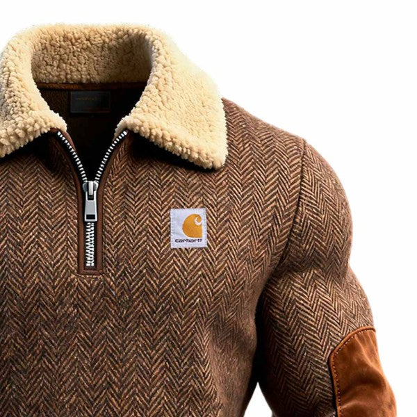 Men's Herringbone Wool Paneled Suede Quarter-Zip Fleece Lapel Sweatshirt