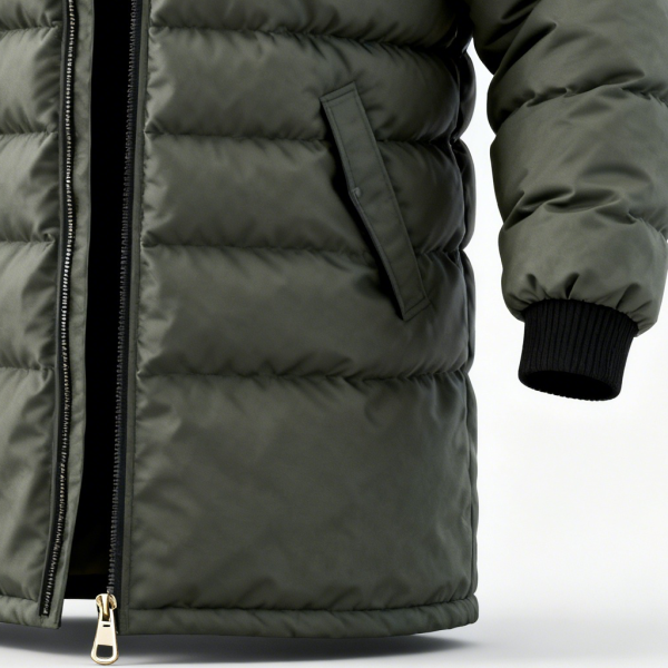 Men's Warm Olive Green Puffer Jacket with Black Accents