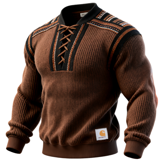 Men's Corduroy Colorblock Lace-Up Sweatshirt With Striped ethnic webbing