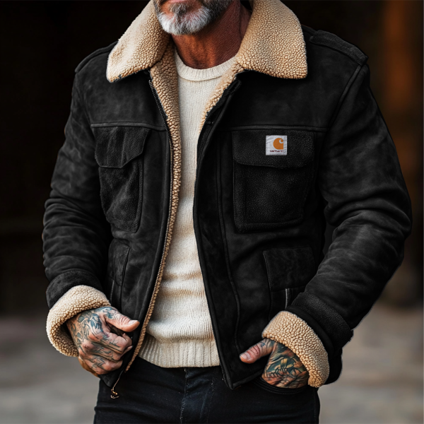 Men's Vintage Suede Patchwork Lamb Fleece Multi-Pocket Reverse Collar Outdoor Jacket