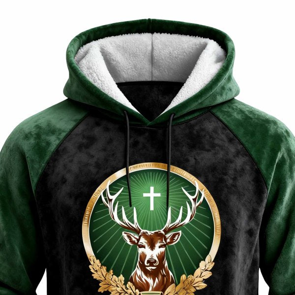 Men's Vintage Deer Black Suede Pockets Dark Green Raglan Hoodie