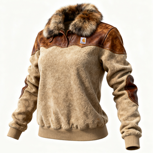 Winter Warmth Faux Fur Collar Long Sleeved Sweatshirt with Stylish Leather Accents