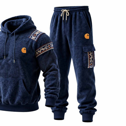 Men's Vintage Fleece Navy Blue Embroidered Ethnic-Style Pocket Hoodie and Sweatpants Jogger Set