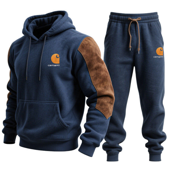 Men's Vintage Embroidered Navy Blue Stitching Brown Suede Pocket Hoodie and Sweatpants Jogger Set