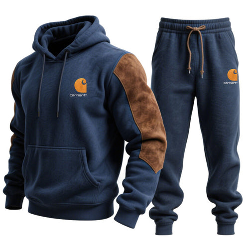 Men's Vintage Embroidered Navy Blue Stitching Brown Suede Pocket Hoodie and Sweatpants Jogger Set