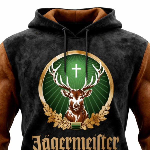 Men's Vintage Deer Black and Brown Suede Contrast Long Sleeve Hoodie