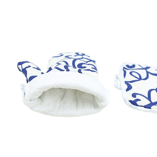Blue Floral Cotton Oven Mitt & Pot Holder Set – Heat Resistant Kitchen Gloves with Insulated Pad