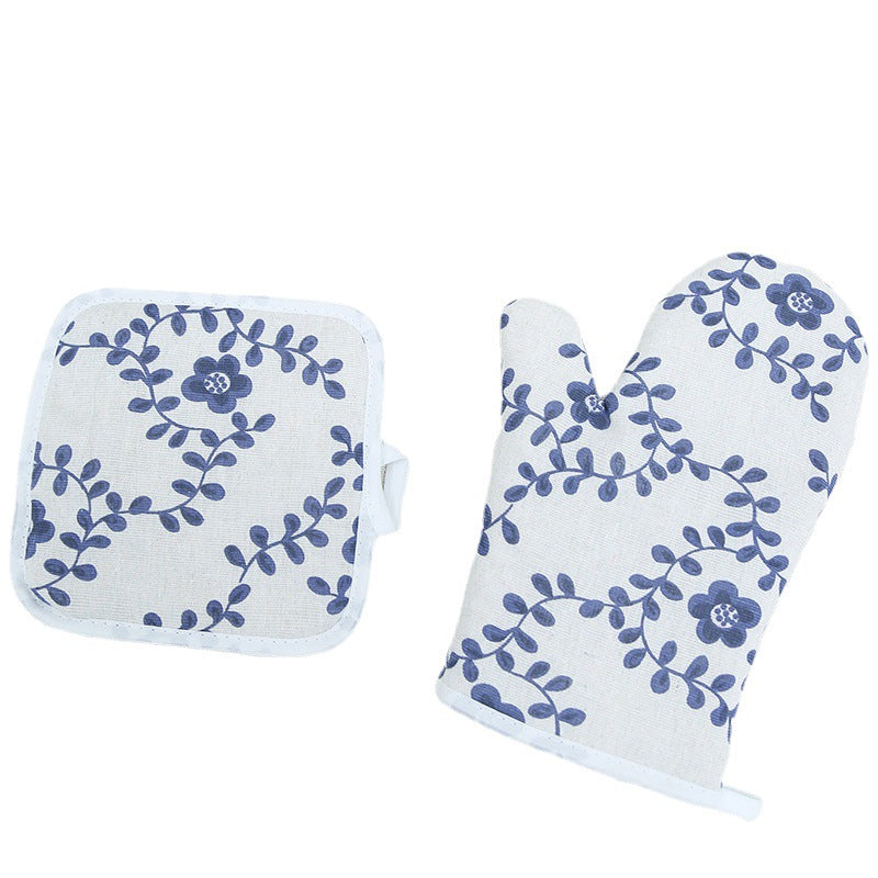 Cotton Linen Oven Mitt & Pot Holder Set – Heat-Resistant Kitchen Gloves with Insulated Mat