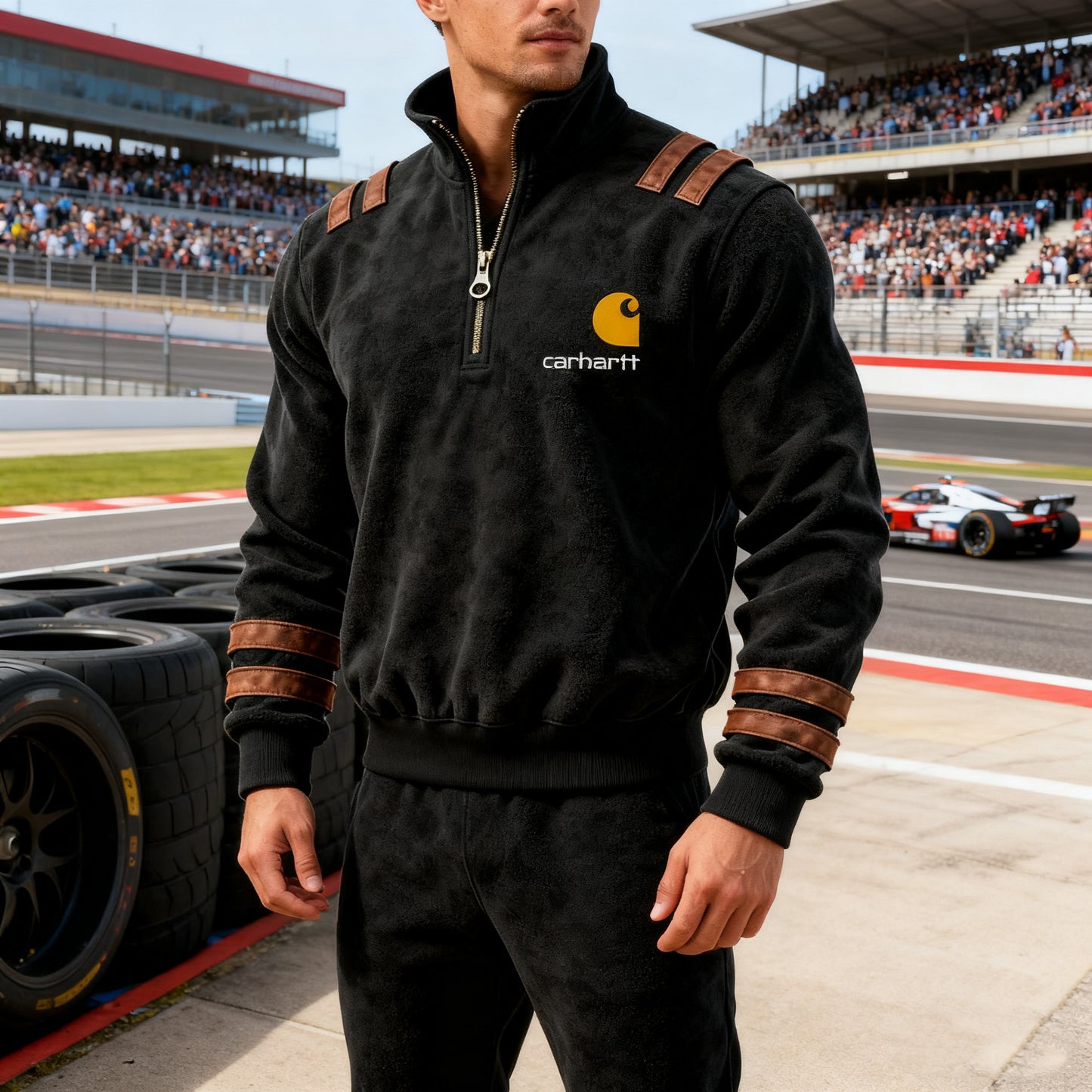 Men's Vintage Terry Black Half-zip Sweatshirt with Brown Shoulder and Cuff Accents