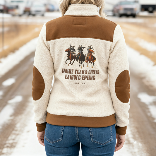 "Cowboy Trio"  Vintage Embroidered  Suede Quarter-Zip Stand Collar Long-Sleeve Sweatshirt