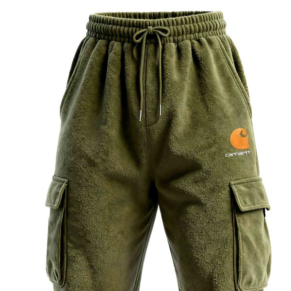 Men's Vintage Embroidered Army Green Fleece Drawstring Cargo Pants Trousers