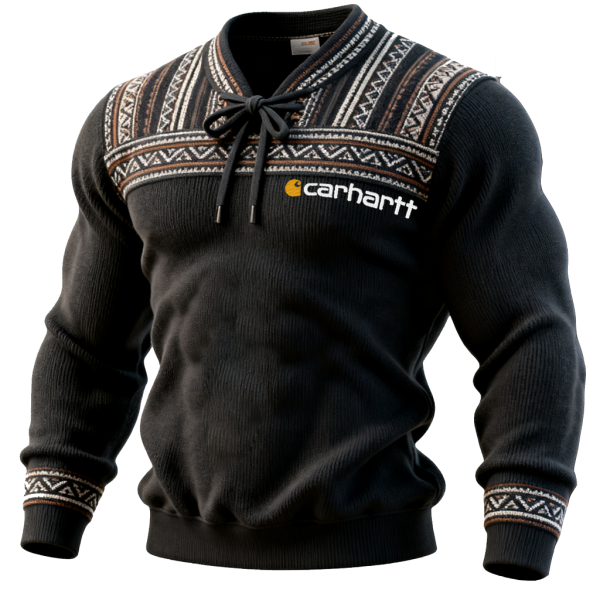 Men's Winter Knit Lace-up Sweatshirt with Ethnic Pattern