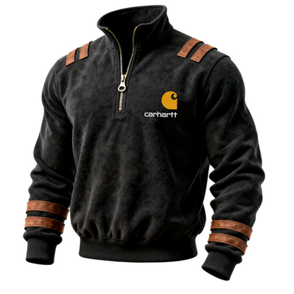 Men's Vintage Terry Black Half-zip Sweatshirt with Brown Shoulder and Cuff Accents