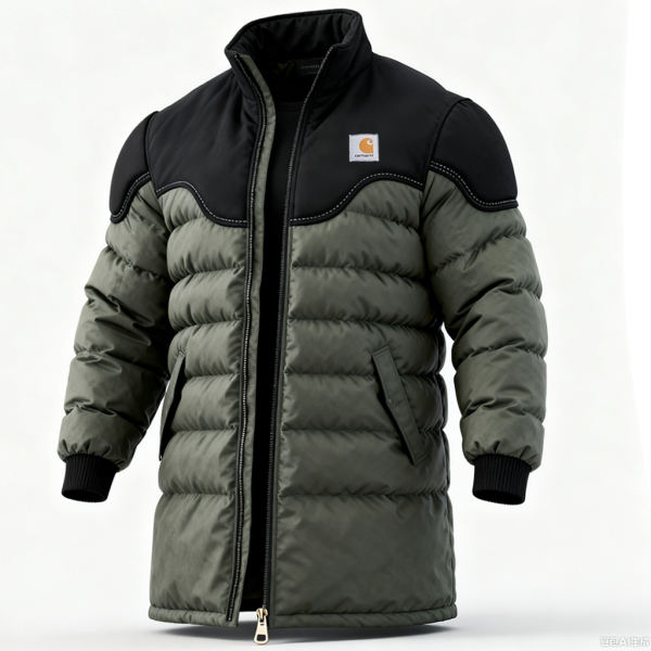 Men's Warm Olive Green Puffer Jacket with Black Accents