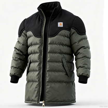 Men's Warm Olive Green Puffer Jacket with Black Accents