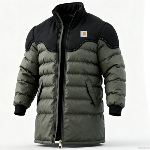 Men's Warm Olive Green Puffer Jacket with Black Accents