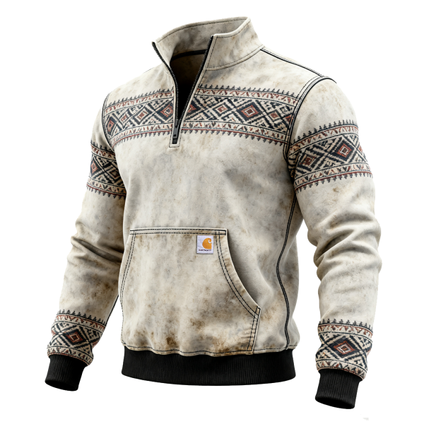 Vintage-Inspired Quarter-Zip Pullover with Ethnic Patterns for Outdoor Adventures