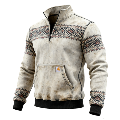 Vintage-Inspired Quarter-Zip Pullover with Ethnic Patterns for Outdoor Adventures