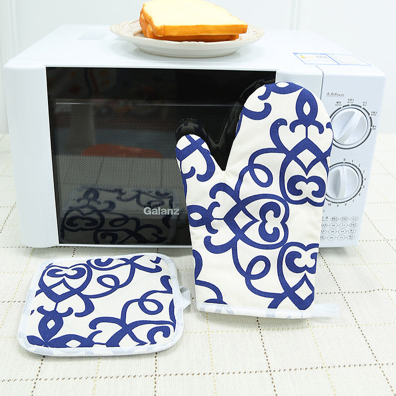 Blue Floral Cotton Oven Mitt & Pot Holder Set – Heat Resistant Kitchen Gloves with Insulated Pad