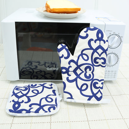 Blue Floral Cotton Oven Mitt & Pot Holder Set – Heat Resistant Kitchen Gloves with Insulated Pad