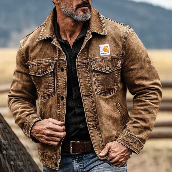 Men's Vintage Western Cowboy Multi-Pocket Distressed Lapel Outdoor Jacket