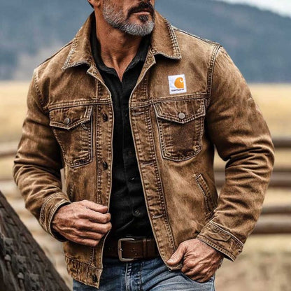 Men's Vintage Western Cowboy Multi-Pocket Distressed Lapel Outdoor Jacket