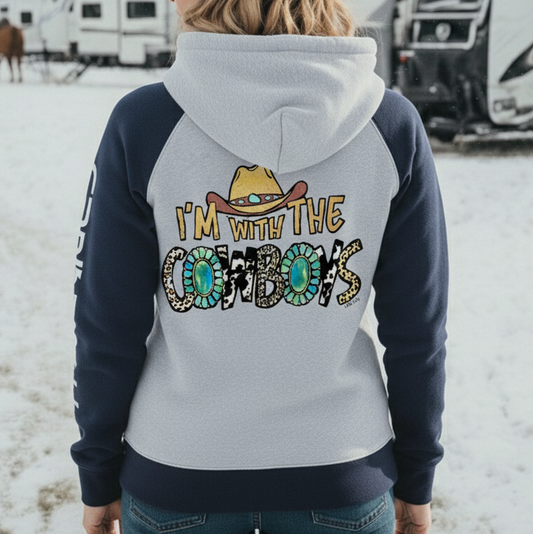 "I'm With The Cowboys" Women's Raglan Sleeve Hooded Sweatshirt