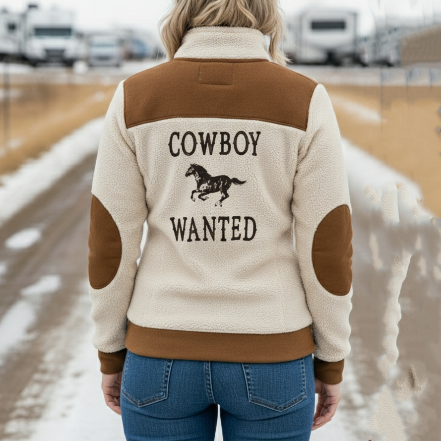 "Cowboy Wanted" Vintage Embroidered  Suede Quarter-Zip Stand Collar Long-Sleeve Sweatshirt