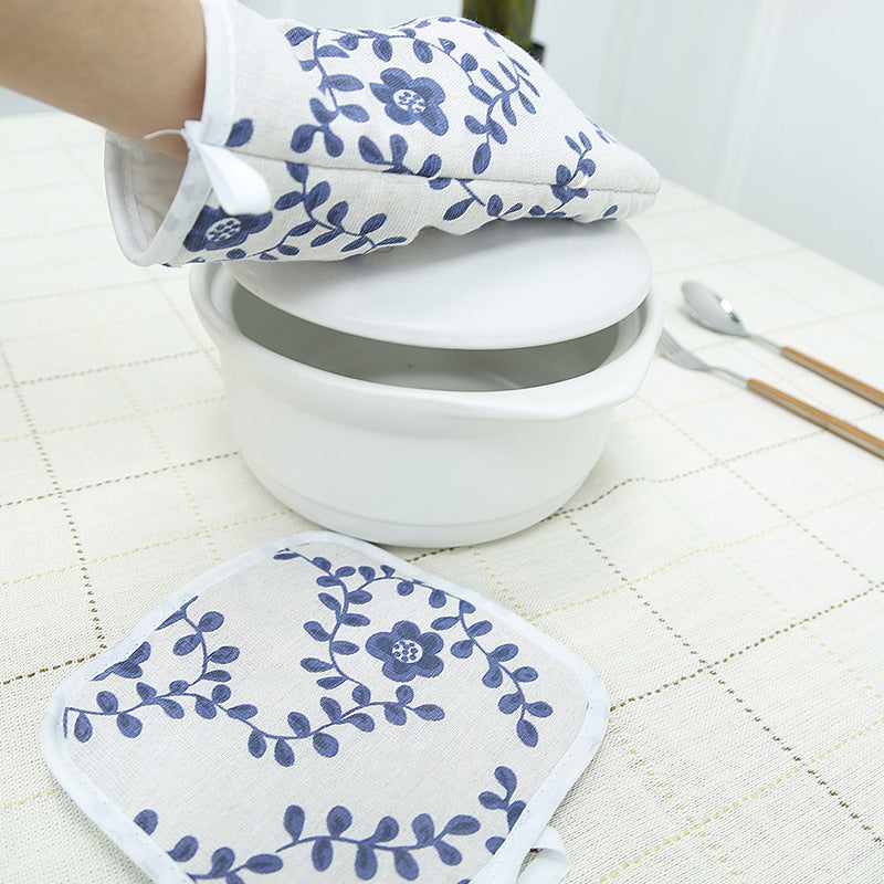 Cotton Linen Oven Mitt & Pot Holder Set – Heat-Resistant Kitchen Gloves with Insulated Mat