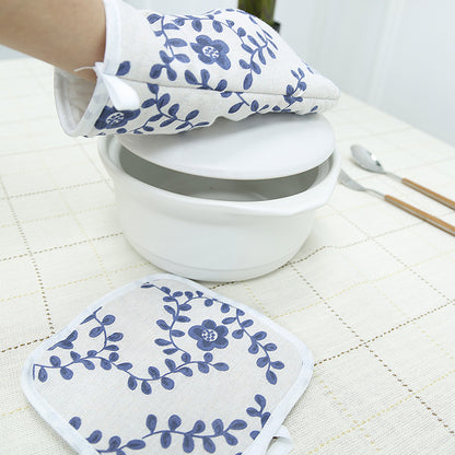 Cotton Linen Oven Mitt & Pot Holder Set – Heat-Resistant Kitchen Gloves with Insulated Mat
