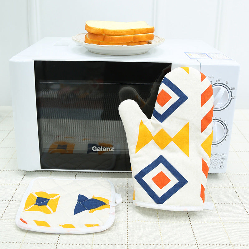 Geometric Pattern Cotton Oven Mitt & Pot Holder Set – Heat Resistant Kitchen Gloves with Insulated Mat