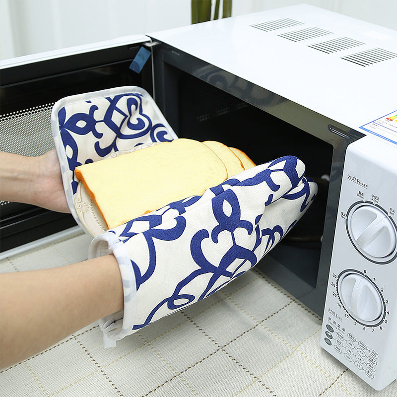 Blue Floral Cotton Oven Mitt & Pot Holder Set – Heat Resistant Kitchen Gloves with Insulated Pad
