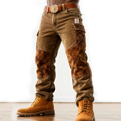 Corduroy Suede Splicing Durable Workwear Pants with Reinforced Knees and Cargo Pockets
