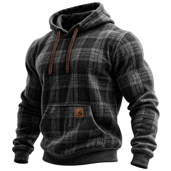 Men's Vintage Western Cowboy Plaid Print Pocket Hoodie