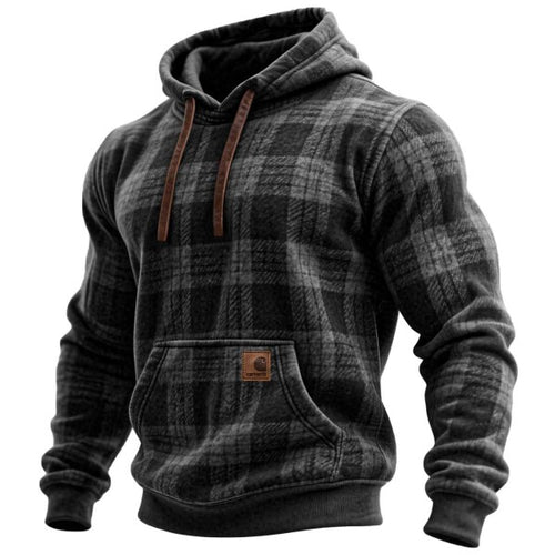 Men's Vintage Western Cowboy Plaid Print Pocket Hoodie