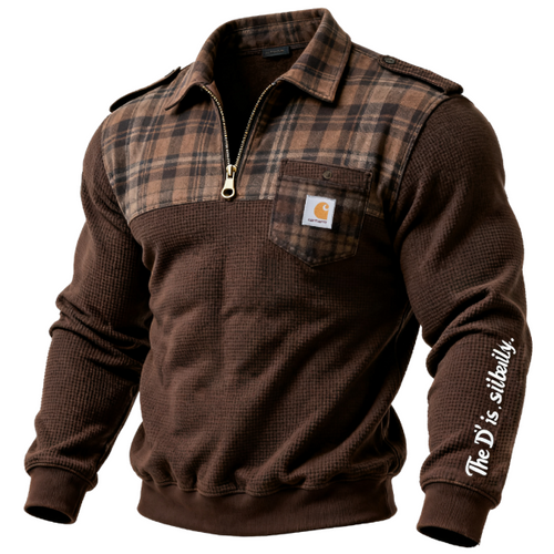 Men's Vintage Plaid and Solid Wallfe Brown Work Shirt Half-zip Collar Sweatshirt