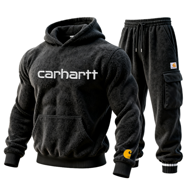 Cozy Embroidery Pattern Terry Cloth Hoodie and Cargo Pants Set for Men Casual Wear Two Piece Set of Hoodie and Pants