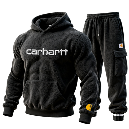 Cozy Embroidery Pattern Terry Cloth Hoodie and Cargo Pants Set for Men Casual Wear Two Piece Set of Hoodie and Pants