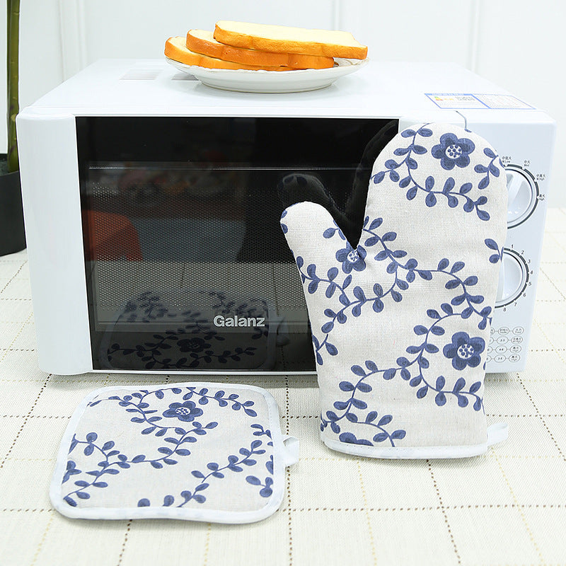 Cotton Linen Oven Mitt & Pot Holder Set – Heat-Resistant Kitchen Gloves with Insulated Mat