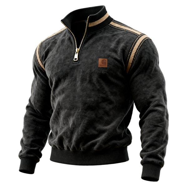 Men's Vintage Western Terry Quarter-Zip Pullover Sweatsgirt With Striped webbing